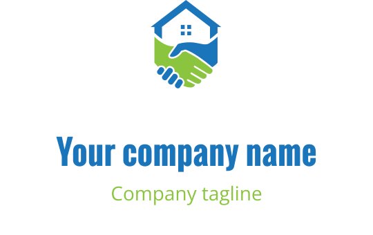 Design de logo moderne avec une maison et une poignée de main en bleu et vert