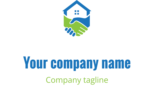 Design de logo moderne avec une maison et une poignée de main en bleu et vert