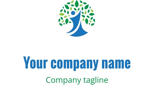 Design de logo moderne avec un arbre stylisé, des feuilles vertes et une figure bleue