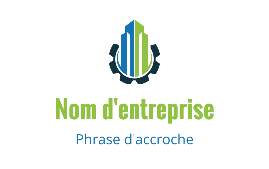 Design de logo moderne avec un gratte-ciel bleu et vert dans une forme d'engrenage