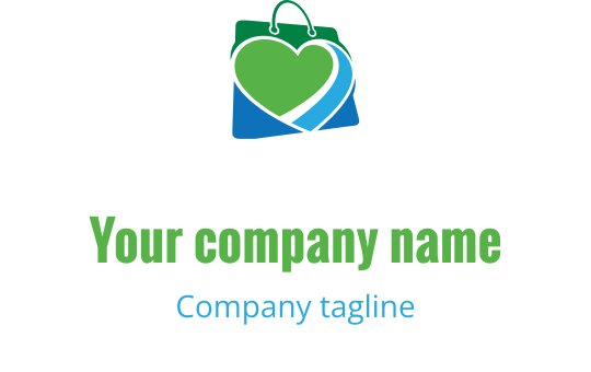Logo créatif en forme de cœur avec des éléments de shopping verts et bleu-vert