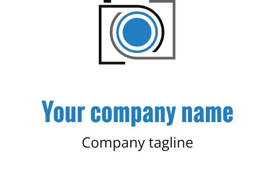 Design de logo moderne avec un objectif d'appareil photo bleu et gris, contour noir élégant