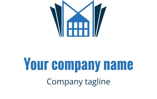 Logo moderne bleu avec un bâtiment stylisé et des accents angulaires