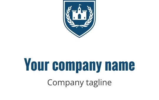 Logo de bouclier avec un château et des feuilles de laurier en bleu