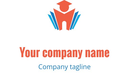 Conception de logo créatif avec un chapeau de diplômé rouge au-dessus d'une structure bleue et rouge