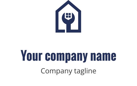 Logo design audacieux en bleu marine avec une maison stylisée et des outils