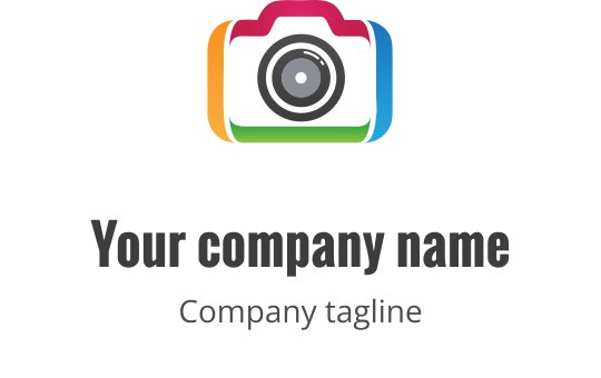 Logo de caméra minimaliste avec des accents verts et oranges
