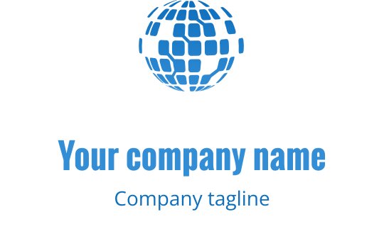 Logo moderne de globe bleu avec des motifs carrés et un texte en gras