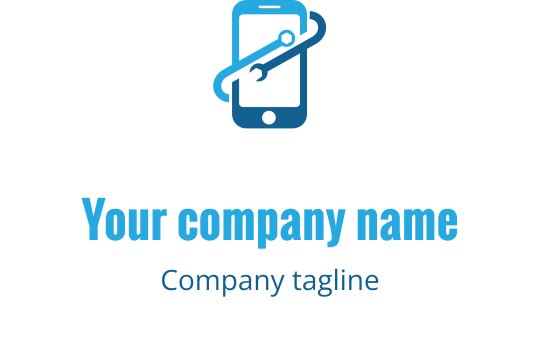 Logo design en bleu et vert d'eau avec un appareil mobile stylisé et des outils de réparation