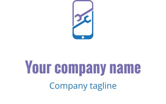 Logo design en bleu et vert d'eau avec un appareil mobile stylisé et des outils de réparation