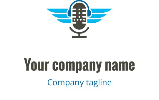 Logo de microphone moderne avec des ailes bleues et un texte en gras