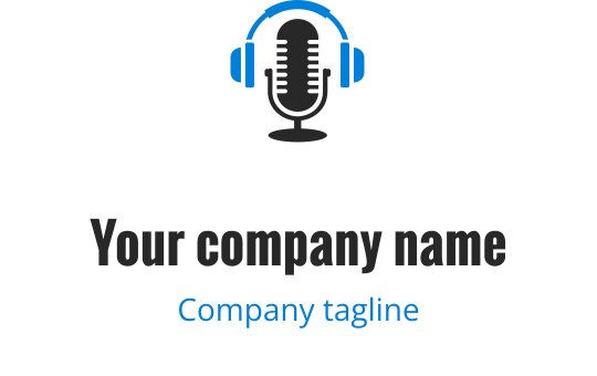 Logo de microphone moderne avec des écouteurs bleus et un texte en gras