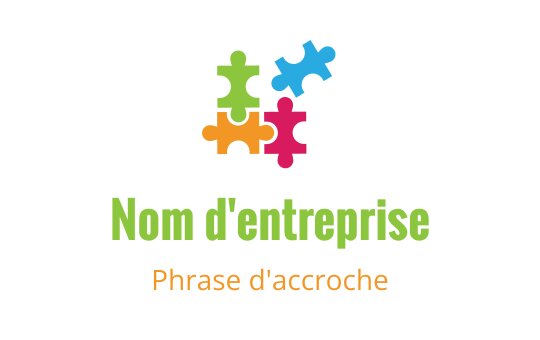Logo design avec des pièces de puzzle colorées et du texte vert et orange