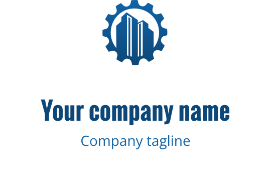 Design de logo moderne avec une silhouette d'engrenage et de bâtiment en bleu