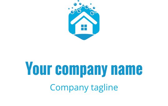 Logo de maison moderne bleue avec une forme hexagonale et des bulles