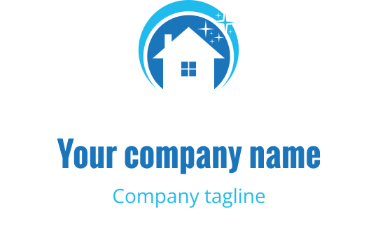 Logo de maison moderne bleue avec des accents circulaires et des étoiles