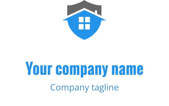 Logo en forme de bouclier avec silhouette de maison bleue et texte en gras