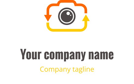 Logo de caméra minimaliste en gris avec des accents orange et jaune