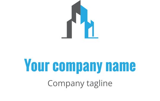 Logo design minimaliste en gris et bleu avec un contour de bâtiment stylisé