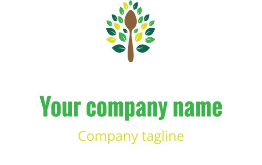 Logo vibrant avec un agencement stylisé de fruits et légumes en marron et bleu-vert