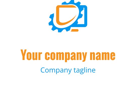 Logo moderne bleu et orange avec un ordinateur stylisé et des outils